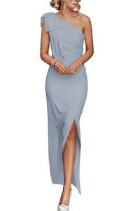 lot 2334 image: PRETTYGARDEN Womens Summer One Shoulder Long Formal Dresses Sleeveless Ruched Bodycon Wedding Guest Slit Maxi Dress (Grey Blue,Small)