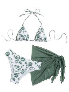 lot 2339 image: SHENHE Womens 3 Piece Polka Dots Floral Bikini Set with Wrap Coverup Halter Triangle Swimsuits Olive Green Large
