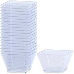 lot 2342 image: Lillian Tablesettings Clear Plastic Square Bowls, 8 oz Small Disposable Serving Bowls for Appetizers, Desserts & Dips, Heavyweight BPA-Free, 20 Count (3.5 x 3.5 in)