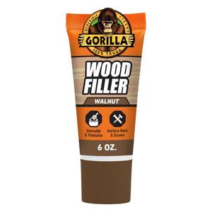 lot 2390 image: Gorilla All Purpose Wood Filler, Walnut Color, 6 Ounce Tube (Pack of 1) - Water Resistant for Indoor or Outdoor Projects and Repairs