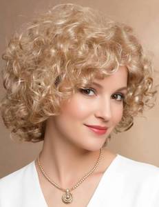 lot 2397 image: TISHINING Short Blonde Curly Wigs for White Women with Bangs Full Bouncy Curly Mixed Blonde Synthetic Short Hair Wigs for Women Natural Looking Heat Hair Replacemnet Wig
