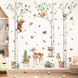 lot 2400 image: decalmile Large White Birch Tree Wall Decals Woodland Animals Bear Deer Rabbit Wall Stickers Living Room Baby Nursery Kids Room Wall Decor