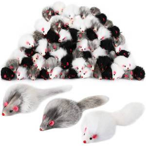 lot 2419 image: Hungdao 60 Pcs Furry Mice Interactive Catch Play Rabbit Fur Mouse Rattle Sound Rat Plush for PET Cats and Kittens, 3 Colors(White, Black, Gray)