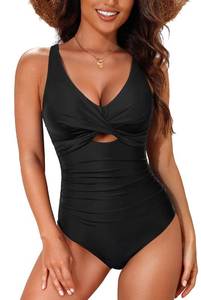 lot 2422 image: Tempt Me Women Black One Piece Swimsuits - Tummy Control Cutout Bathing Suit V Neck Twist Front Swimwear 2025 M