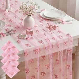 lot 2424 image: Windkream 4 Pcs Pink Bow Table Runners 29 x 70 Inch Pink Tulle Lace Table Runner Coquette Bow Tablecover for Wedding Birthday Baby Shower Valentines Home Decor