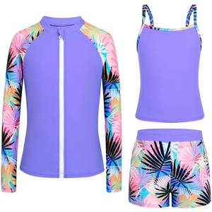 lot 2440 image: Seanrui Rash Guard for Girls Teens Bathing Suits Size 10-12 Modest Long Sleeve Swimsuits Swimwear Purple Tropical Leaf