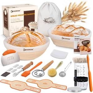 lot 3828 image: SORON Sourdough Starter Kit, Banneton Bread Proofing Basket with Glass Sour Dough Starter Jar, Sourdough Bread Baking Supplies Tools, 9 Round & 10 Oval Banneton Baskets, Gift Set for Homemade Making