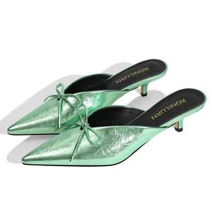 lot 3841 image: RONILURN Kitten Heels for Women Heeled Mules Stiletto Pumps Bow Closed Toe Pointed Toe Low Heel Slip on Fashion Metallic Backless Prom Party Dressy
