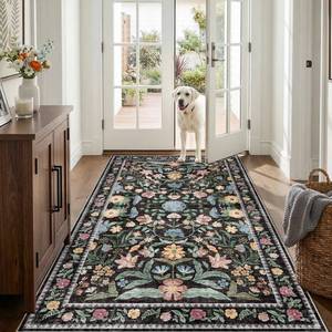 lot 3842 image: 4x7 Rug Entryway Washable Non Slip Floral Area Rugs for Kitchen - 0.13inch Slim Low Pile Easy Clean Carpets - Vintage Home Decor Runner 4x7 Black