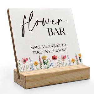 lot 4215 image: ANlANG Flower Bar Sign 4X4 inch, Flower Bar Desk Decor, Bridal Shower Sign Wood Plaque, Wedding flowers, WeddingAccessories for Reception Wooden Plaque Sign for WeddingReception Table Decor