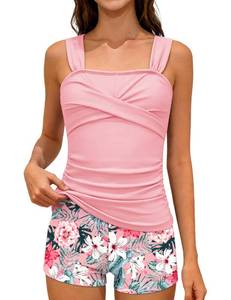lot 4233 image: GEMLON Girls Tankini Swimsuit Pink Twist Cross Square Neck Top Tropical Shorts Tankini Sets Girls Bathing Suits Size 14-16