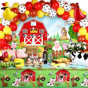 lot 4238 image: Tatuo Farm Animals Theme Party Decorations Pink Farm Barn Backdrop Banner with 2 Animal Tablecloths Balloon Arch Garland Kit Farmhouse Animal Decor for Birthday Photography Party Supplies Set(Red)