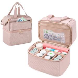 lot 4274 image: Damero Double Layers Pill Bottle Organizer Empty, Lockable Medicine Storage Bag Medication Travel Bag with 4 Customized Dividers for Prescription Bottles, Medical Supplements,Misty Rose