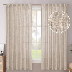 lot 4282 image: BGment Flax Linen Curtains 63 Inch Length for Living Room, Beige Light Filtering Burlap Drapes for Bedroom Semi Sheer with Back Tab Rod Pocket Farmhouse, 2 Panels, 52 X 63 Inch