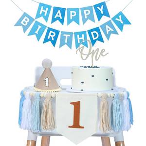 lot 4284 image: First Birthday Decorations for Boy, Boho 1st Birthday High Chair Banner with Blue Happy Birthday Banner, Khaki Cone Hat with One Cake Topper, Baby Boy First birthday Decor, Party Decor, Photo Prop