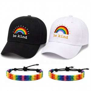lot 4291 image: Patelai 4 Piece 2026 Gay Pride Outfit Accessories Set with 2 Embroidered LGBTQ Rainbow Baseball Caps and 2 Adjustable Braided Bracelets for Pride Month Parade March Party Gifts Black White Hats