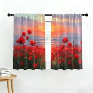 lot 4302 image: KzgtY Poppy Kitchen Curtains 28W X 36L Inch 2 Panels Rod Pocket Small Short Cafe Curtain Window Drapes Treatment Bathroom Home Decor