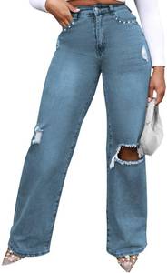 lot 4322 image: shengfan Blue Ripped Wide Leg Jeans for Women High Waisted Ripped Button Stretchy Distressed Denim Pants