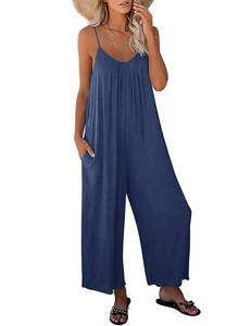 lot 4327 image: KMAZN Womens Casual Sleeveless Floral Jumpsuits Loose Spaghetti Strap Wide Leg Rompers Beach Pants with Pockets LTK NAVYBLUE S