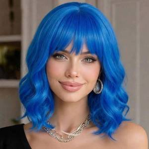 lot 4329 image: SUKRI Short Wavy Bob Wigs for Women 12 Inch Dark Blue Wigs with Bangs Shoulder Lenght Heat Resistant Synthetic Hair for Party Cosplay Use