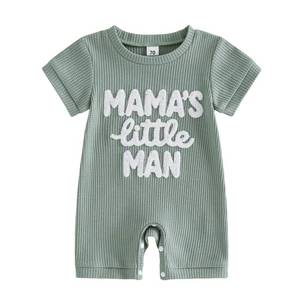lot 4334 image: Sejardin Newborn Infant Baby Boy Summer Jumpsuit Letter Embroidery Short Sleeve Crew Neck Romper Waffle Outfit (Mamas Little Man Green, 0-3 Months)