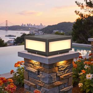 lot 5884 image: BUINNE Solar Pillar Lights Outdoor 12 Solar Column Lights Stainless Steel with PC Diffuser IP54 Waterproof, 9W Solar Panel, 19Wh Battery, 2W 3-Color LED Up 8 Hours Dusk to Dawn for Yard Patio