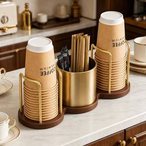 lot 5893 image: GOYLSER Coffee Station Organizer with Straw & Stirrer Storage Caddy for Cups Lids, Disposable Paper Cup Holder Cup Organizer for Coffee Bar, Office, Home Kitchen, Gold