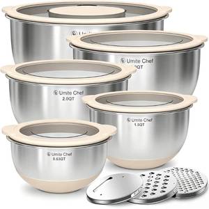 lot 5906 image: Mixing Bowles Set with Lids Set - Warp-Proof TPR-AS Lids, Stainless Steel Mixing Bowl with 3 Graters & Measuring Lines, Non-Slip Bowls for Baking, Prep, Airtight Food Storage (Khaki 5321.50.63QT)