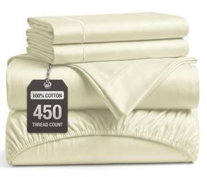 lot 5913 image: LANE LINEN King Size Bed Sheet Set �� 450 Thread Count Long-Staple 100% Cotton Sheet Set King Size, Hotel Premium Soft Silky Sateen Finish, Durable Bedding Set, Elasticised 15 Deep Pocket �� Ivory