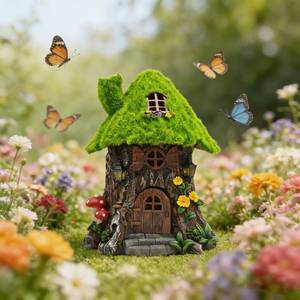 lot 5918 image: COWOS Fairy Tree House Night Light with LED - Moss Covered Resin Fairy House Miniature Garden Decor, Outdoor Waterproof Statue for Patio Yard Lawn, Gift for Garden Lovers Kids