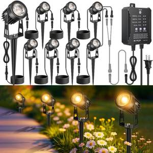 lot 5929 image: Plug and Play Low Voltage Landscape Lighting Kit with Extension Cables, 8Pack 65FT Wired Landscape Lights with Smart Transformer, Warm White Waterproof Outdoor LED Spotlights for Yard, Garden, Pathway