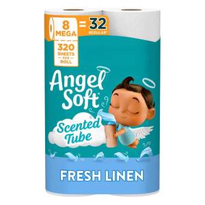 lot 5933 image: Angel Soft Toilet Paper with Fresh Linen Scented Tube, 8 Mega Rolls  32 Regular Rolls, Soft and Strong Toilet Tissue