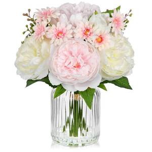 lot 5946 image: DILATATA Artificial Flowers in Vase Pink Silk Peony & Daisy Faux Floral Arrangements for Table Centerpieces, Home Office Kitchen Bathroom Decor, Spring Fake Flower Arrangement