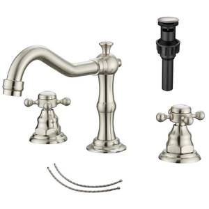 lot 5947 image: GGStudy 2 Handles 3 Holes Faucet Widespread Bathroom Sink Faucet Brushed Nickel Basin Tap Mixer Faucet Matching Pop Up Drain