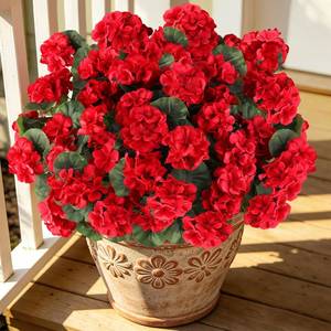 lot 5952 image: AmberFun Artificial Flowers for Outdoors, 6 Bundles Realistic Silk Fake Red Geraniums, Faux Plastic Flowers for Outdoor Planters, Hanging Baskets, Window Boxes, Porch, Patio Decor