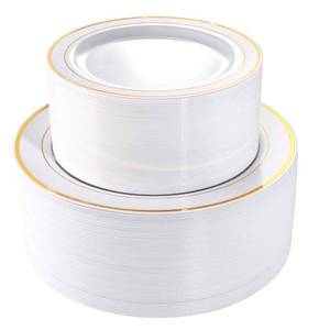 lot 5953 image: I00000 102 Pieces Gold Plastic Plates, Disposable Party Plates White Gold Rim, 51 Disposable Gold Dinner Plates 10.25 Inch and 51 Disposable Dessert Appetizer Elegant Fancy Wedding Plates 7.5 Inch