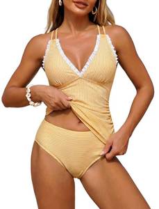 lot 6073 image: ZAFUL Bathing Suit for Women Tummy Control Swimsuits High Waisted Two Piece Tankinis Cute Retro Smocked Push Up Tankini with Adjustable Straps Slimming Full Coveraged Tankinis Swimwear Yellow XL