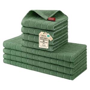 lot 6076 image: Homaxy Kitchen Towels and Dishcloths Set, 12 x 12 and 13 x 28 Inches, Set of 8 Bulk Cotton Terry Kitchen Towels Set, Checkered Designed, Soft and Super Absorbent Dish Towels, Grass Green