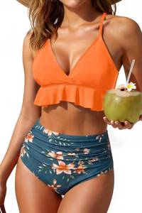 lot 6080 image: Tempt Me Orange Floral Ruffle Bikini Set High Waisted Two Piece Swimsuits M
