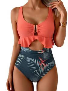 lot 6081 image: B2prity Womens One Piece Swimsuit Tummy Control Ruffled Bathing Suit V Neck Cutout Swim Suit Tie Back Swimwear size XL