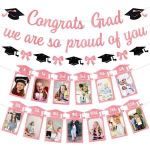 lot 6091 image: 2026 Graduation Photo Banner, Congratulations On Graduation, We Are Proud Of You, Pink K-12th Graduation Decoration Set, Includes a Commemorative Milestone Photo Frame, Suitable For Children And Teenagers