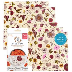 lot 6130 image: Bees Wrap Beeswax Wraps for Food - Assorted 5 Pack of Beeswax Wraps - 2 Large & 3 Medium Wrap - Plastic Free Made in USA Reusable Natural Food Wrap - Meadow Magic Print