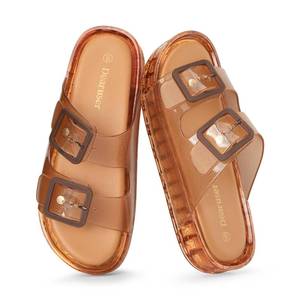 lot 6145 image: Dearuser Brown Pool Slide Sandals Women Adjustable Double Buckle Slip On Comfortable Slides Fashion Summer Non-Slip Quick Dry Beach Sandals Size 10
