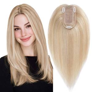 lot 6174 image: MY-LADY Human Hair Toppers for Women Real Human Hair Thin 7  13CM Silk Base with Lace Straight Clip in Remy Hairpieces 150% Density 12 Inch Ash Blonde & Bleach Blonde