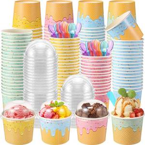 lot 9170 image: Jingmore 100 Pack Ice Cream Cups with Lids and Spoons Paper Dessert Cups Colorful Sundae Bowls Disposable Ice Cream Containers for Hot Soup Spring Summer Graduation Bar Party Supplies (4 oz)