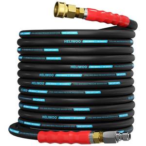 lot 9182 image: 4800 PSI Pressure Washer Hose 50FT, 38 Steel Wire Braided Kink Resistant Power Washing Extension Hose for Cold & Hot Water Max 248°F, Qucik Connect Ends, Black and Blue