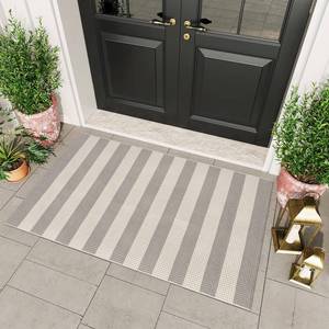lot 9224 image: OJIA Indoor Outdoor Rugs 3x5, Washable Area Rug Entryway Rugs Indoor Front Door Mats Striped Porch Rug Cotton Small Floor Carpet for EntryPatioDeckBalconyBedroomLiving Room (GrayWhiteTan)