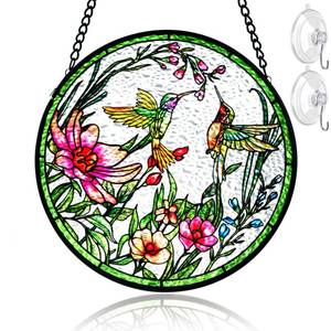 lot 10386 image: Remiawy Stained Glass Window Hanging Hummingbird 6 Inch Glass Panel with Metal Chain and Hooks Window Hanging Indoor Wall Art Home Decor Gift for Bird Lovers Women Mothers Day