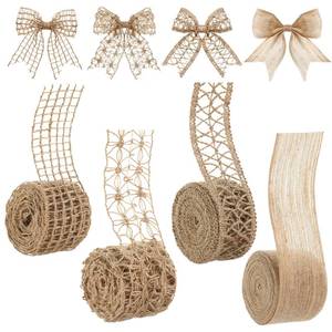lot 10387 image: 4 Rolls Burlap Ribbon Wired Natural Jute Burlap Lace 1.6-2 Inch x 16.4 Yard Wrapping Ribbon for Crafts, Big Bows, Wedding Gift Wrapping, Rustic Outdoor Decoration, Wreath, Holiday Party DIY Home Decor