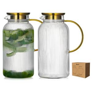 lot 11069 image: Buaic 2 PACK Glass Pitcher with Lid, 68 oz 2L Classic Vertical Stripes Water Pitcher with Handle,Glass Water Carafe for Cold Brew, Coffee, Lemonade, Iced Sun Tea,Beverage,Heat Resistant